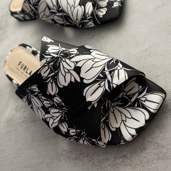 Furla Floral Satin Slides Botanical Print Italian Low Block Heel Resort US 8.5 - Picture 12 of 12